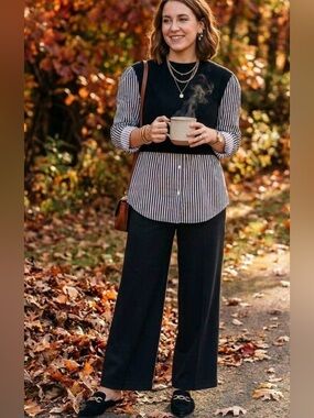 Two and one mixed media striped top/perfect fall transitional size 0XL